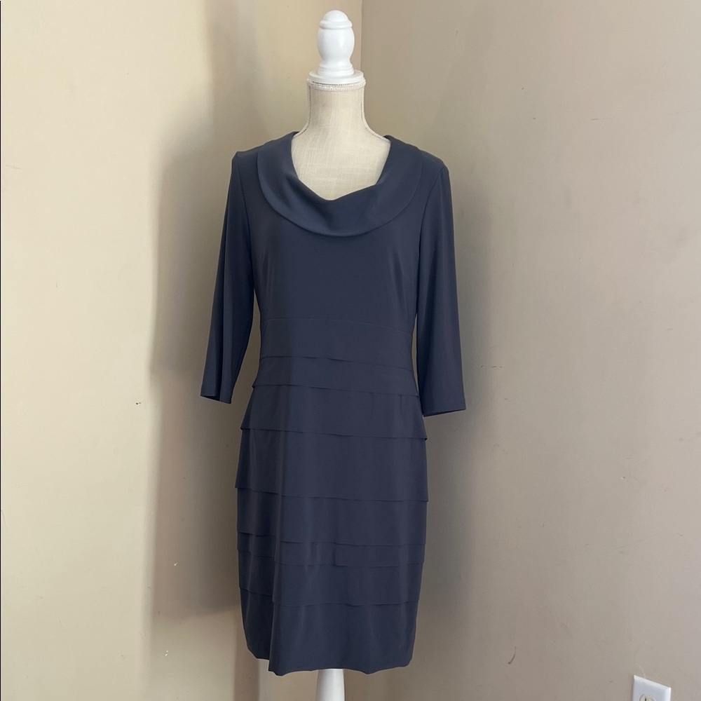 NWT Joseph Ribkoff Slate Gray Layered Cowl Neck Dress Size: 10